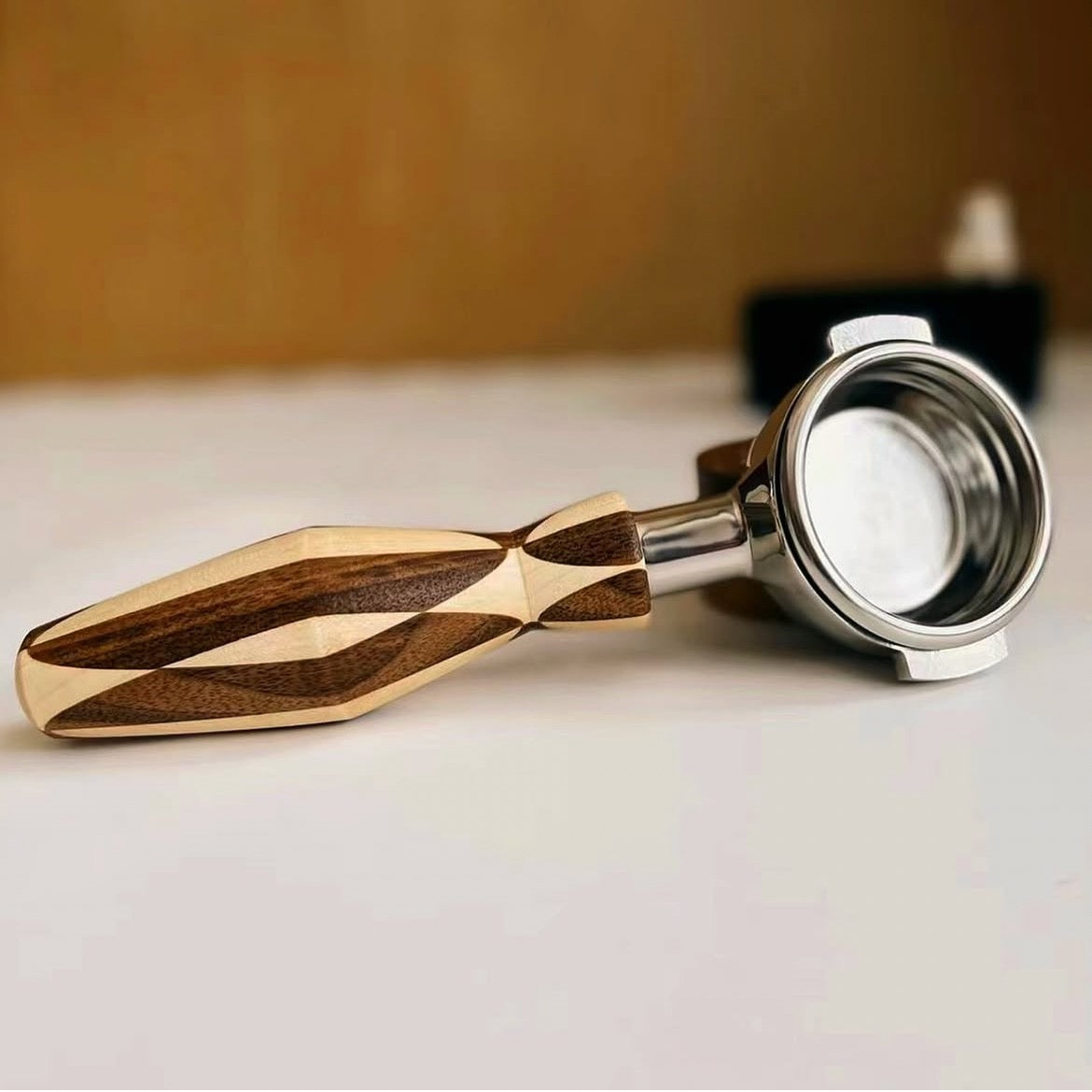 Handmade Checked 58MM Portafilter Handle (Just Wooden Part )+Wooden Tamping Station