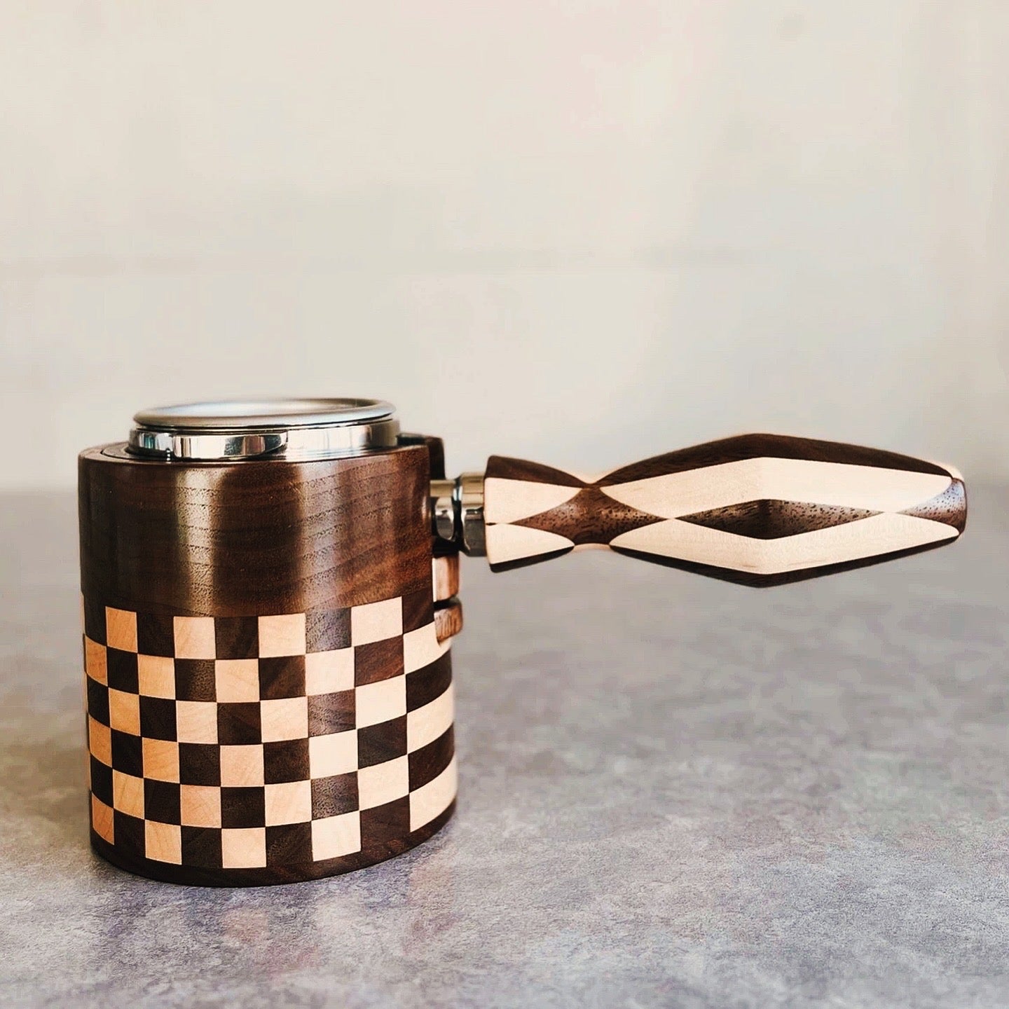 Handmade Checked 58MM Portafilter Handle (Just Wooden Part )+Wooden Tamping Station