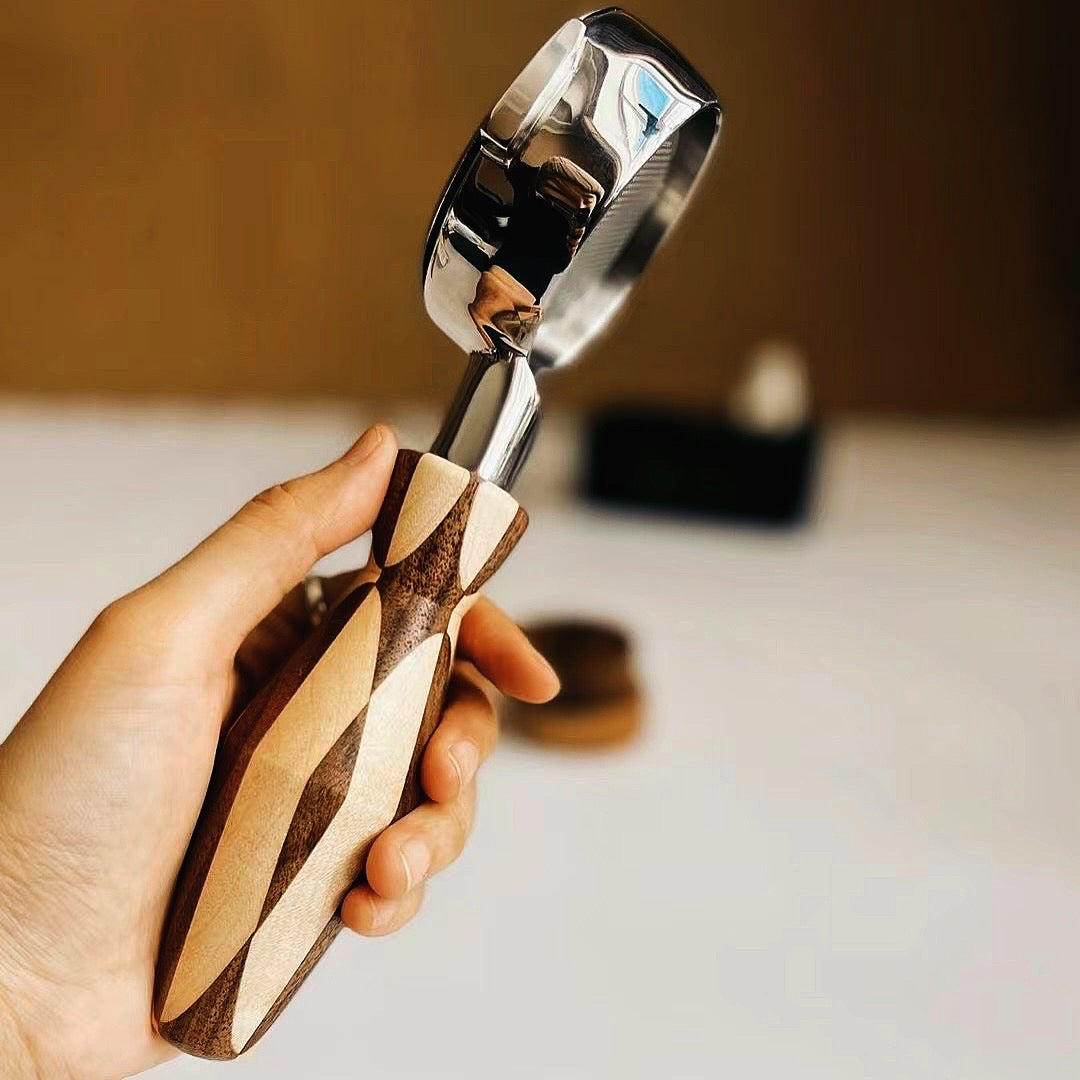 Handmade Checked 58MM Portafilter Handle (Just Wooden Part )+Wooden Tamping Station