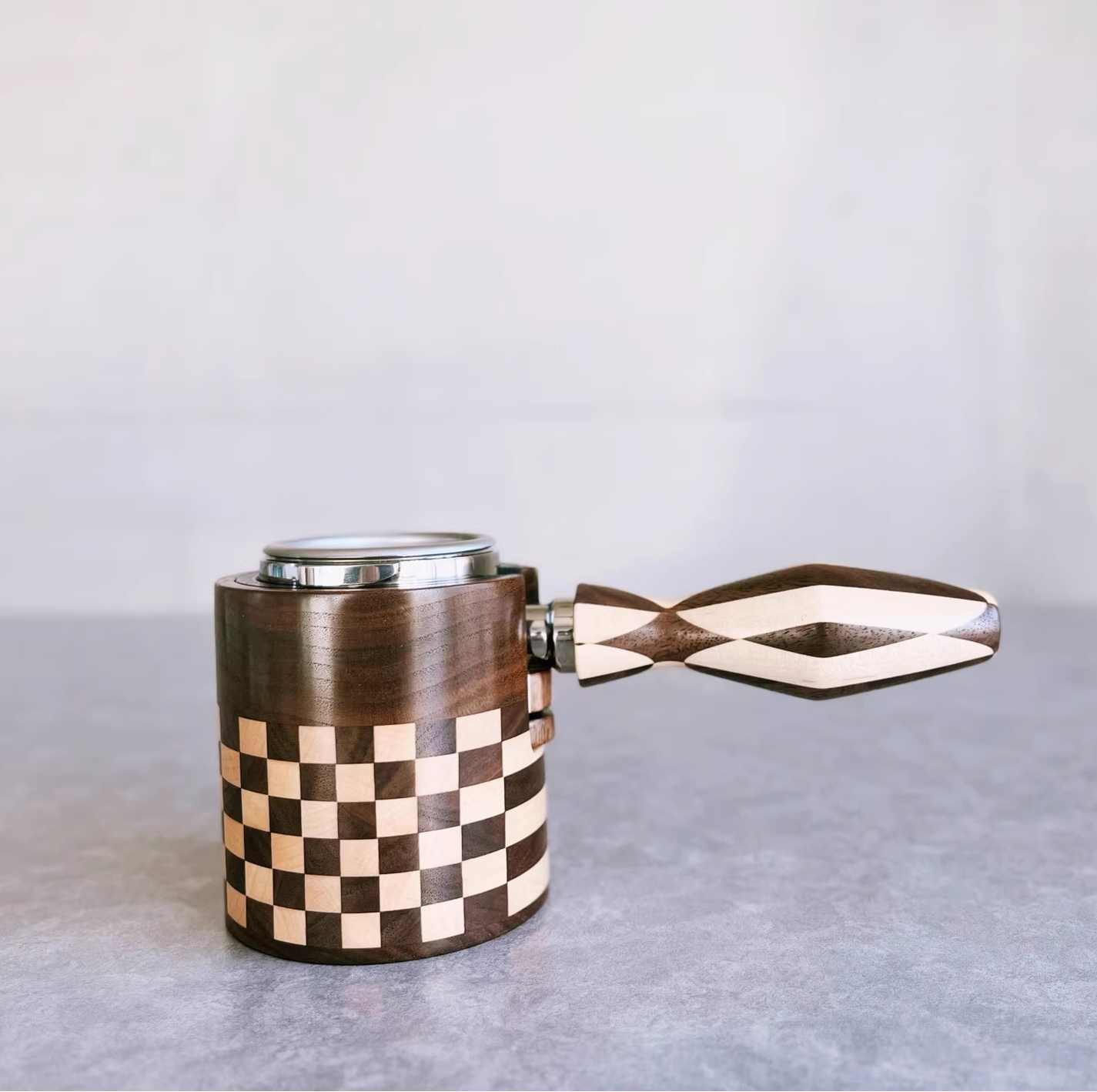 Handmade Checked 58MM Portafilter Handle (Just Wooden Part )+Wooden Tamping Station